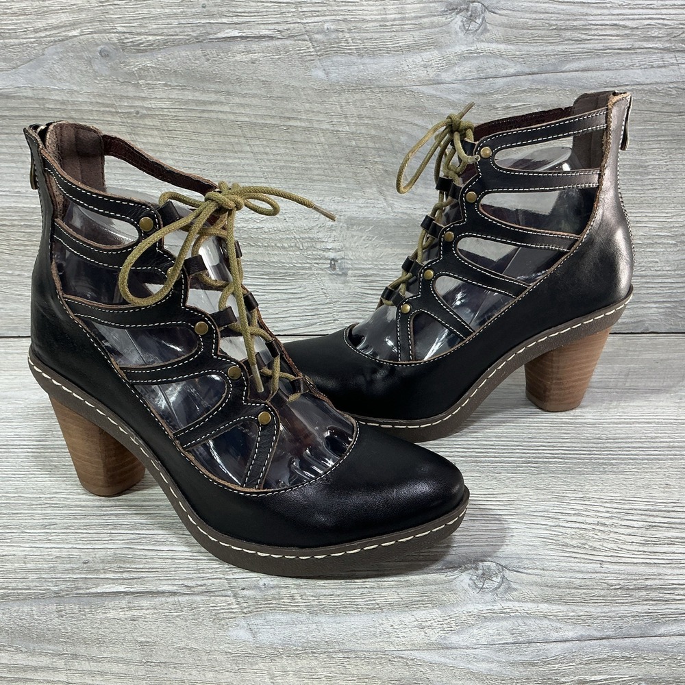 Spring Step L'Artiste Black Leather High Heel Lace Up Victorian Style Sandals 37